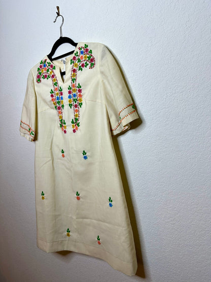 60s Star of Siam Handwoven Pure Silk Hand Embroidered Dress