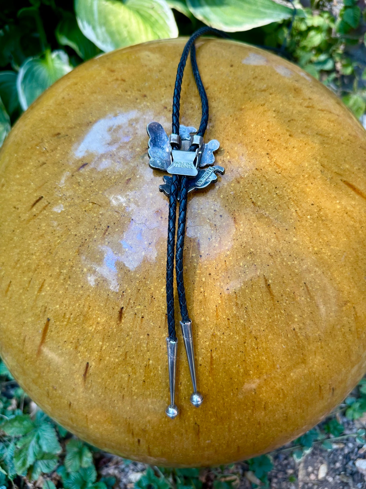 Old Pawn Signed Zuni Inlay Eagle Dancer Braided Leather Bolo Tie