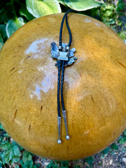 Old Pawn Signed Zuni Inlay Eagle Dancer Braided Leather Bolo Tie