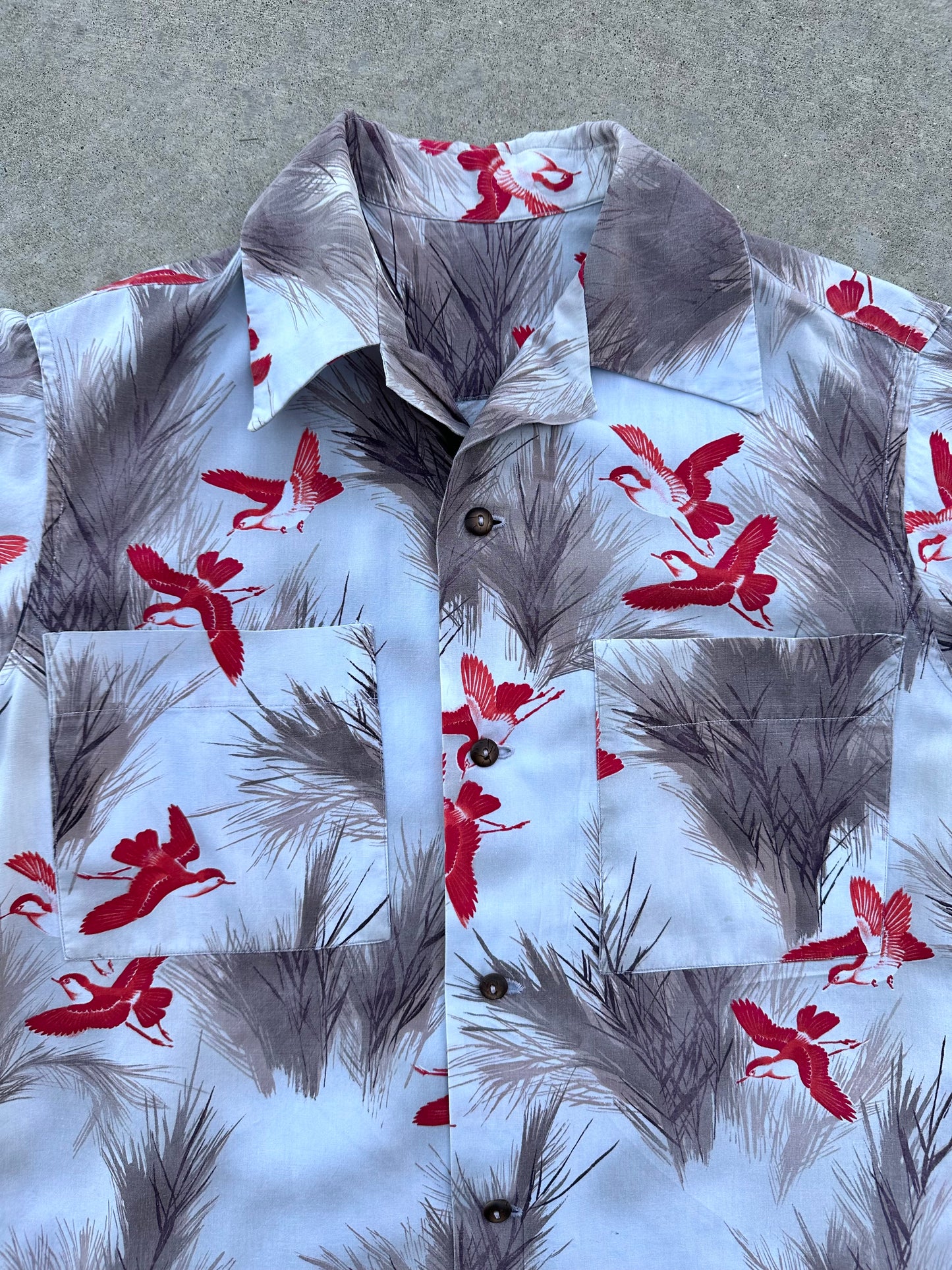 50’s Handmade Wild Birds Printed Cotton Casual Shirt (Unisex S/M)