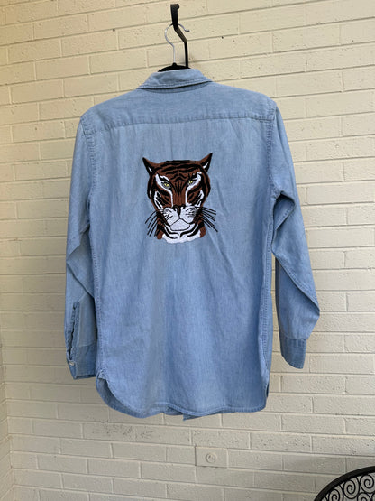 Custom Tiger Embroidered Chambray Shirt (Women’s S/M)