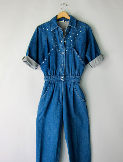 80s Western Denim Rhinestone Embellished Jumpsuit / Coveralls  (Unisex S/M)