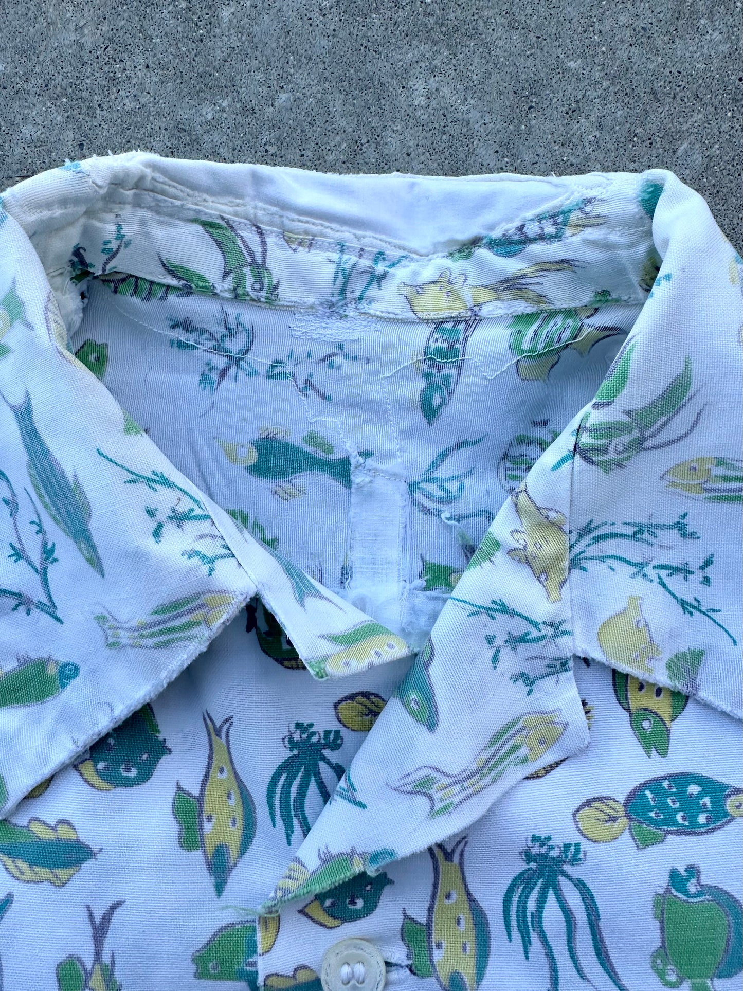 50’s Handmade Fish Printed Cotton Casual Shirt (Unisex S)