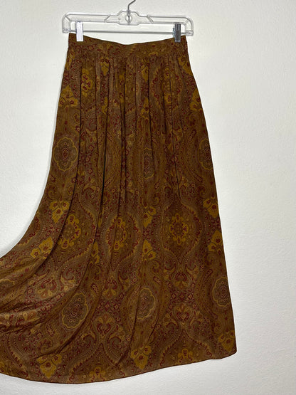 80’s Calvin Klein Silk Pleated Western Paisley Maxi Skirt (S)