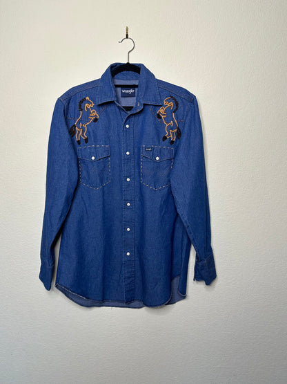 MCA Vintage Revival: Wrangler Denim Western Shirt - Horse Head Embroidered (Unisex L)