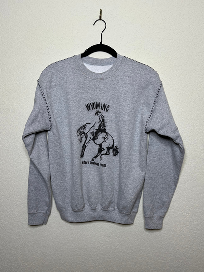 MCA Vintage Revival: Custom Wyoming Where Cowboys Roam Embroidered Flocked Sweatshirt - Custom Made (Unisex S)