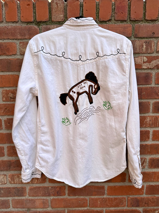 Custom Hand Embroidered “Let ‘Er Buck” Western Shirt (Unisex M)