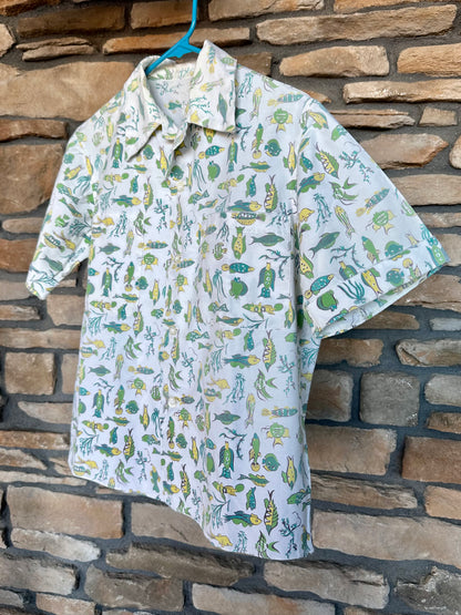 50’s Handmade Fish Printed Cotton Casual Shirt (Unisex S)