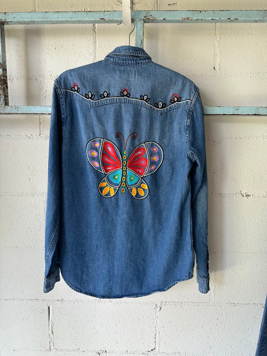 MCA VINTAGE REVIVAL: Hand Embroidered Denim Sawtooth Pearl Snap Shirt