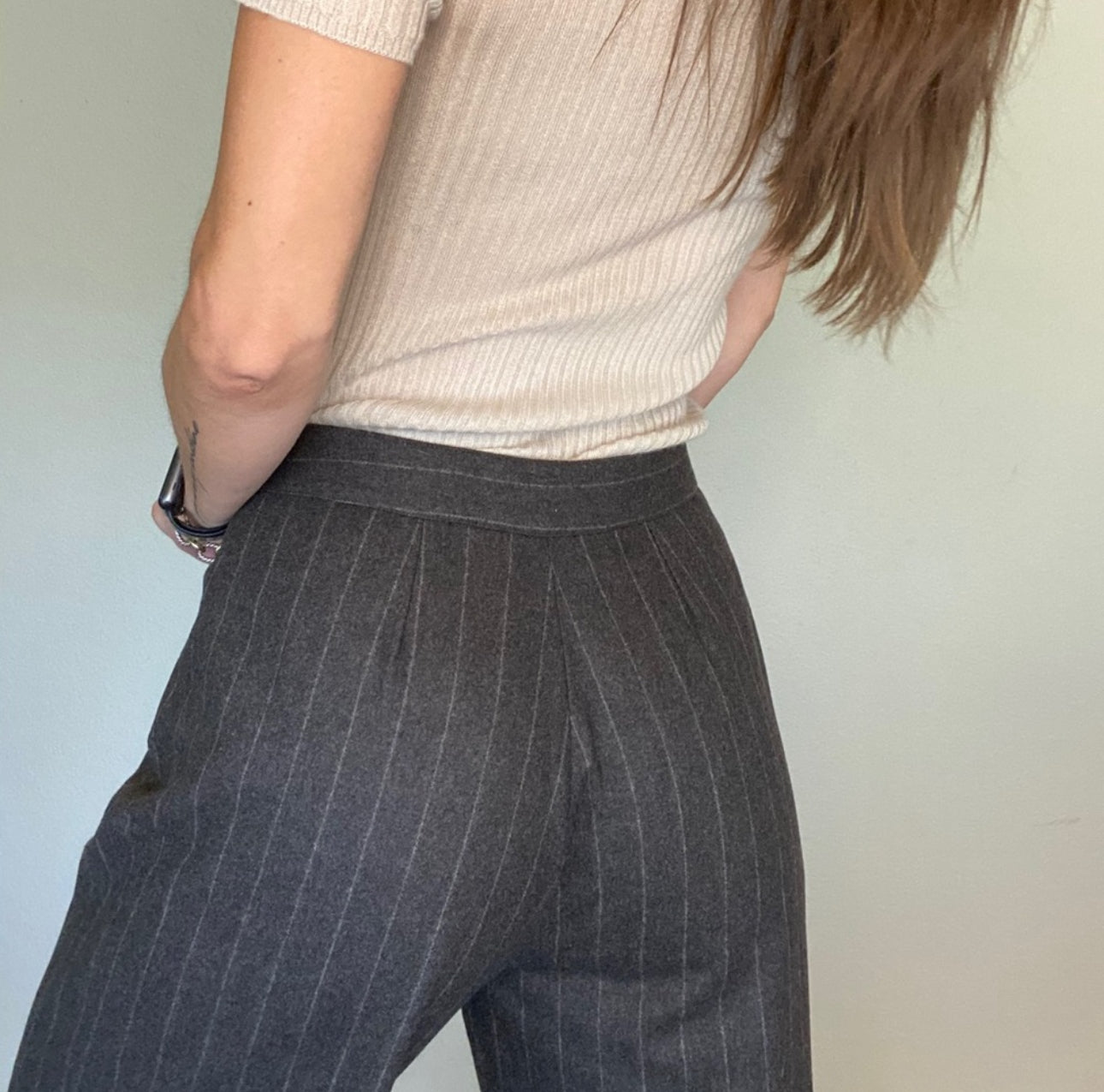 90's CHANEL High-Rise Wide Leg Wool Pinstripe Pants (8/10