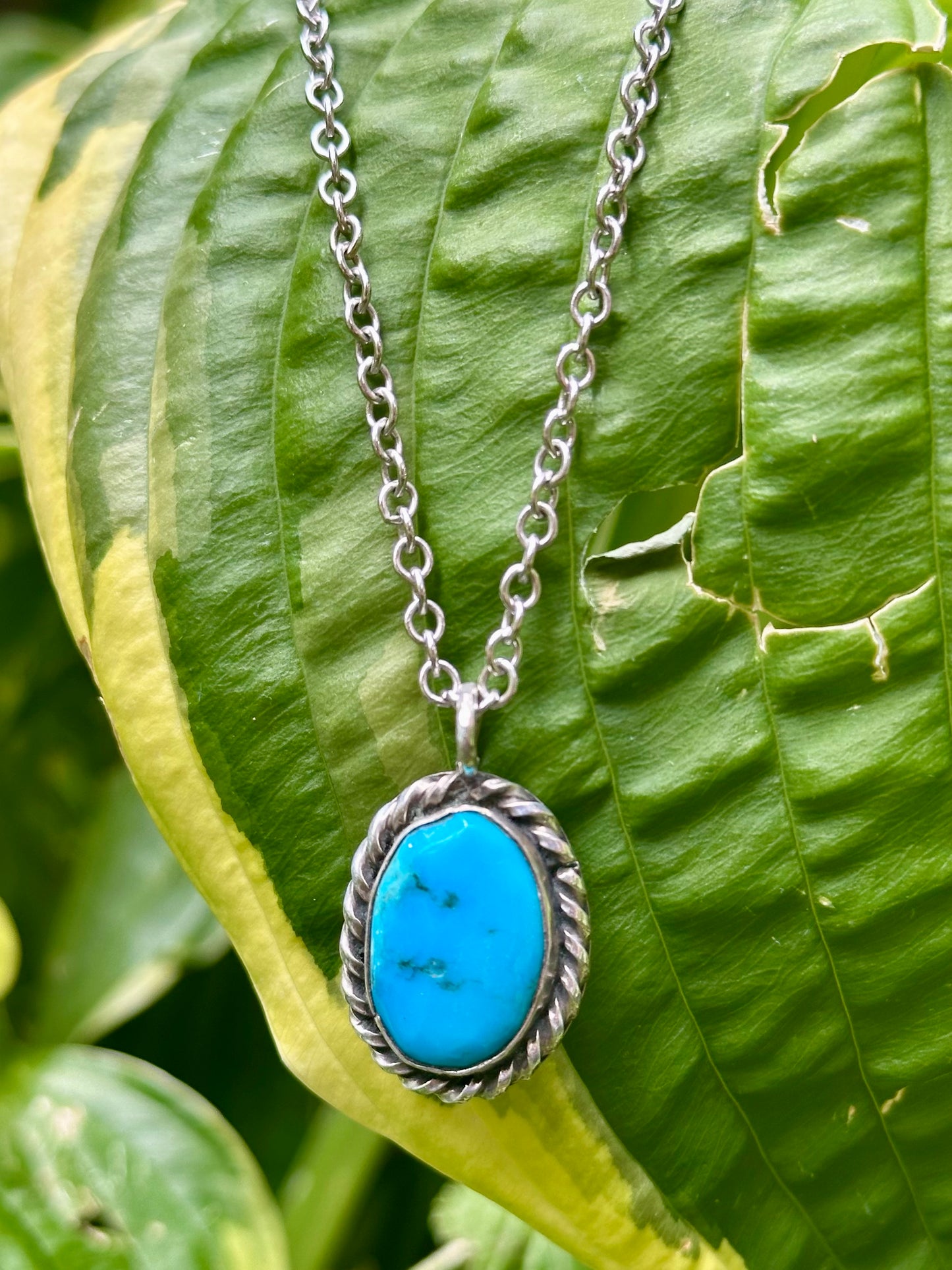 Vintage Turquoise & Sterling Silver Pendant Necklace (18”)