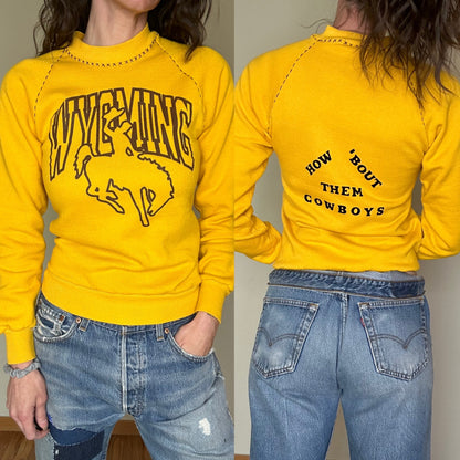 80’s Wyoming Raglan Sweatshirt w/  Hand Embroidered & Flocked Letters (Women’s XS)