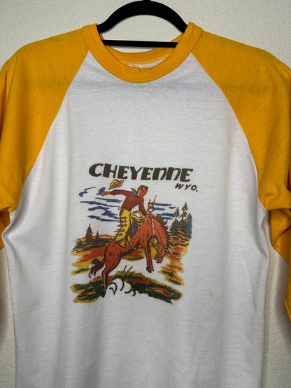 40’s Cheyenne, Wyo. Rodeo Graphic on a 70’s Raglan Tee - Custom Made