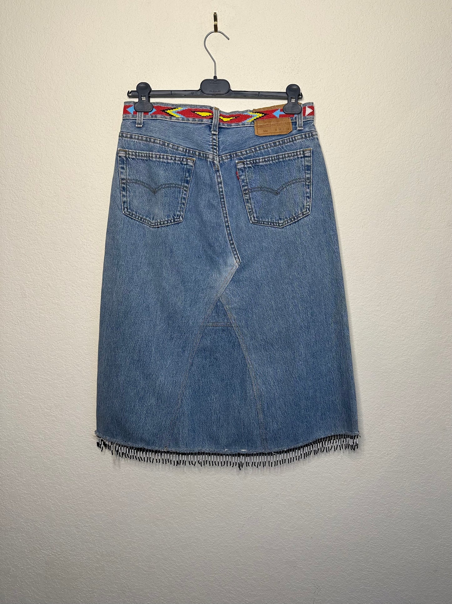 90’s Levi’s Upcycled Beaded Denim Midi Skirt (Modern 8)