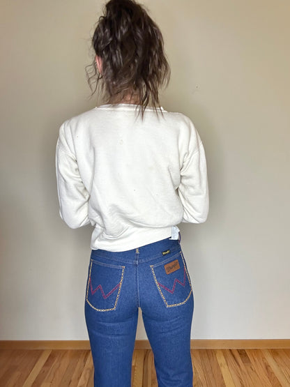 MCA Vibtage Revival: 70’s Wrangler Indigo Hand Embroidered Boot Flare Jeans (Modern 27/28)