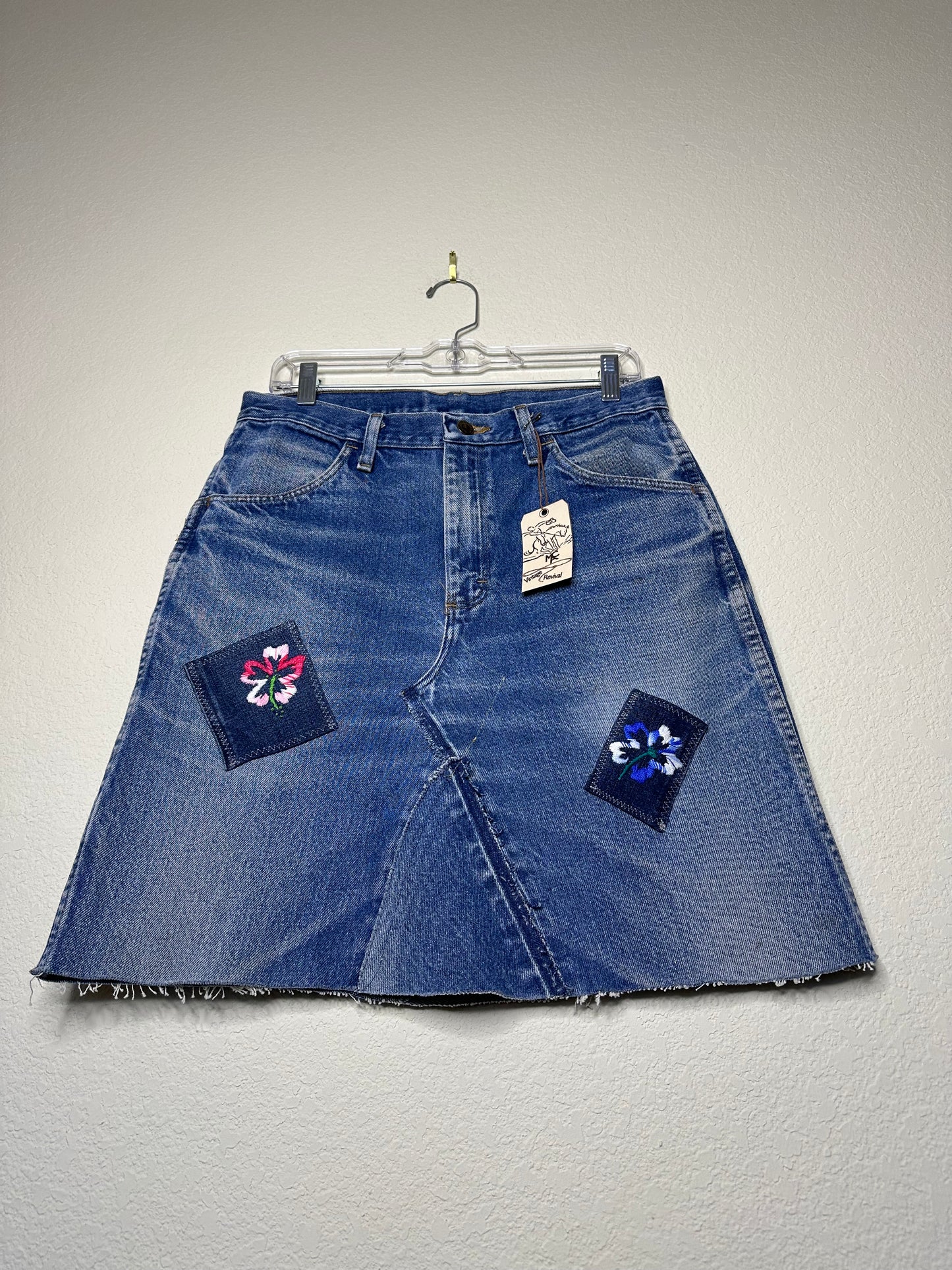 MCA VINTAGE REVIVAL: 90’s Deconstructed Rustler Embroidered Patchwork Denim Skirt (8/10)