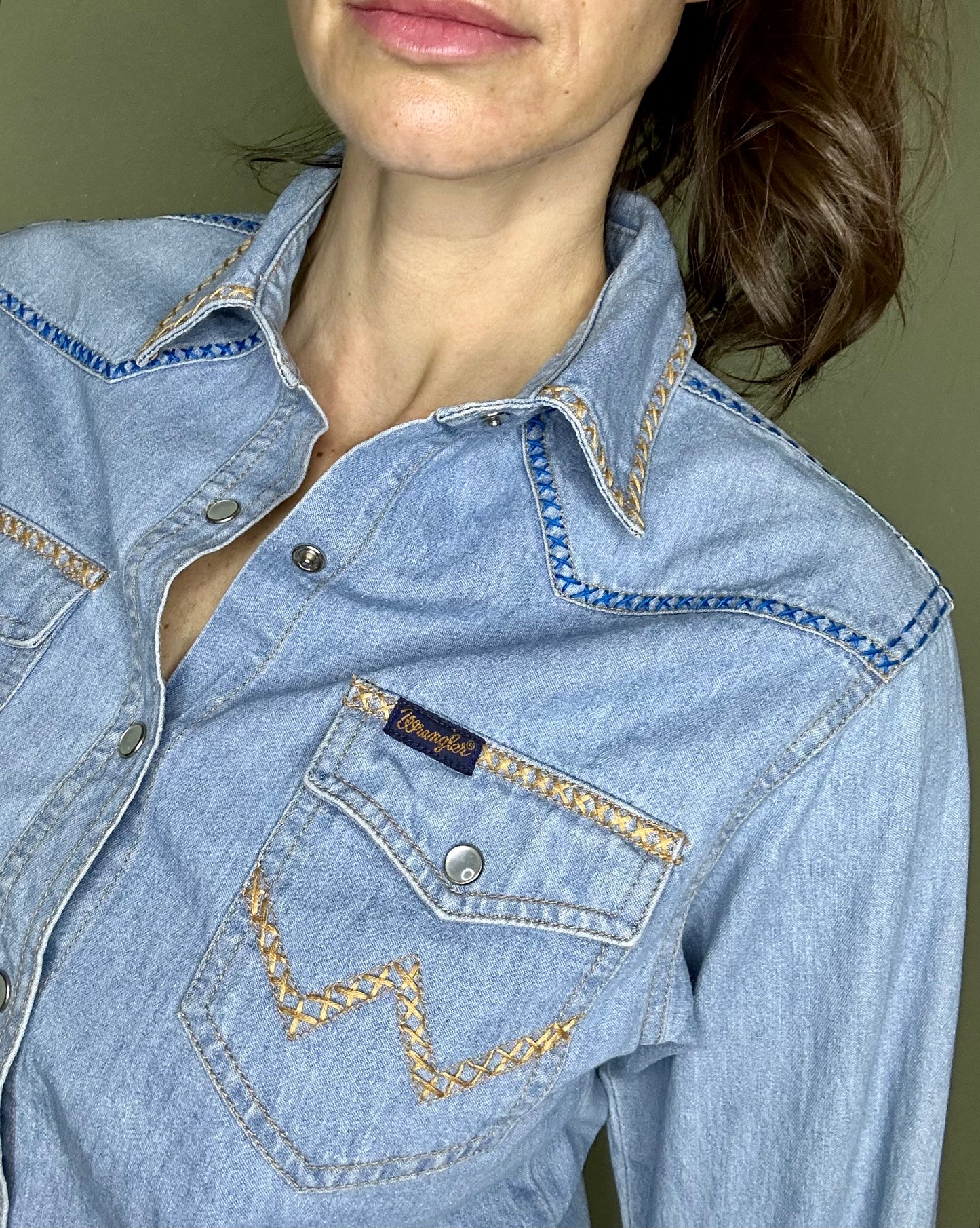 MCA VINTAGE REVIVAL: Vintage Wrangler Denim Pearl Snap - Hand Embroidered (Women’s XS/S)