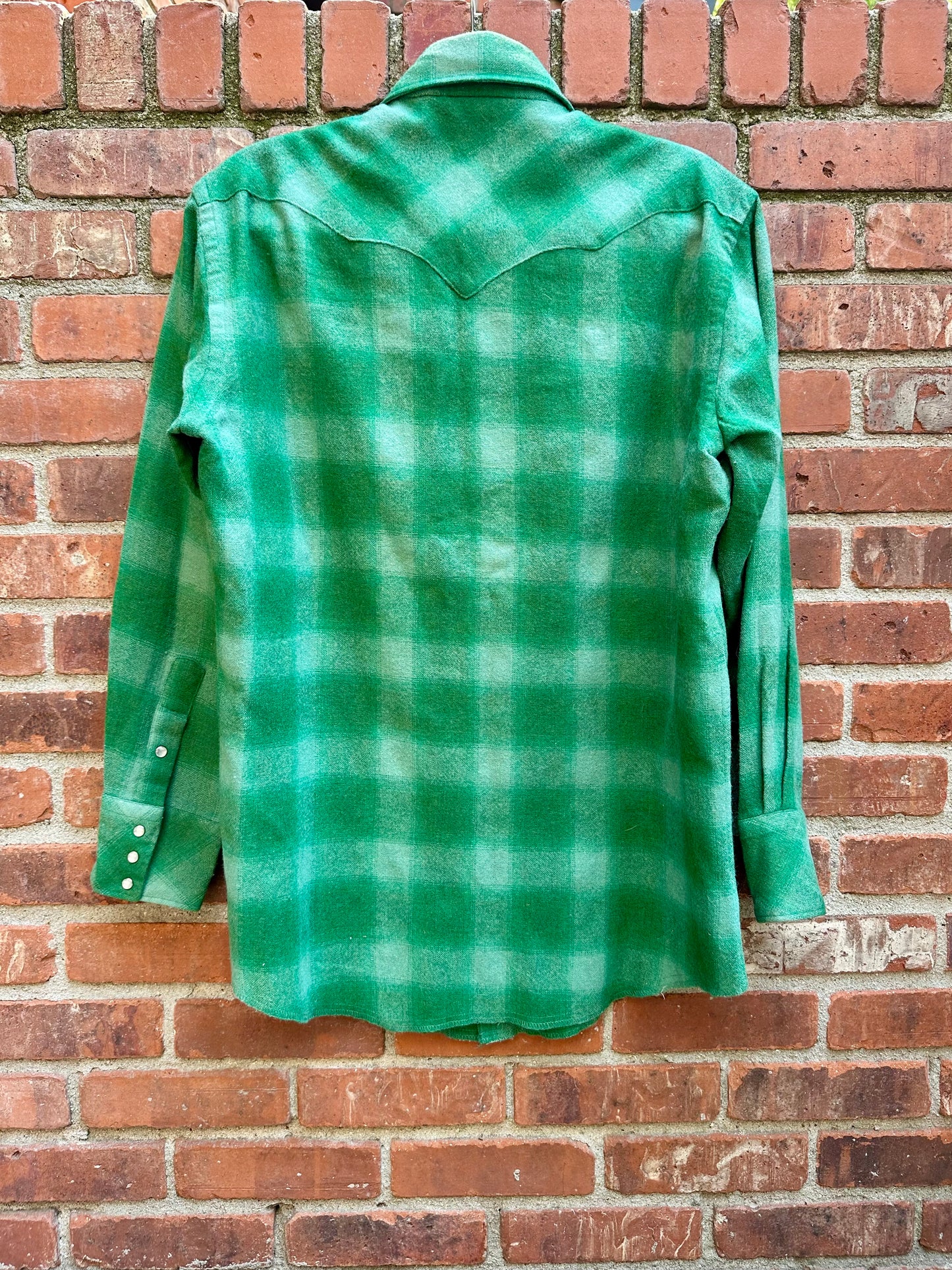 70’s KARMAN Western Washable Wool Green Shadow Plaid Pearl Snap (Unisex M/L)