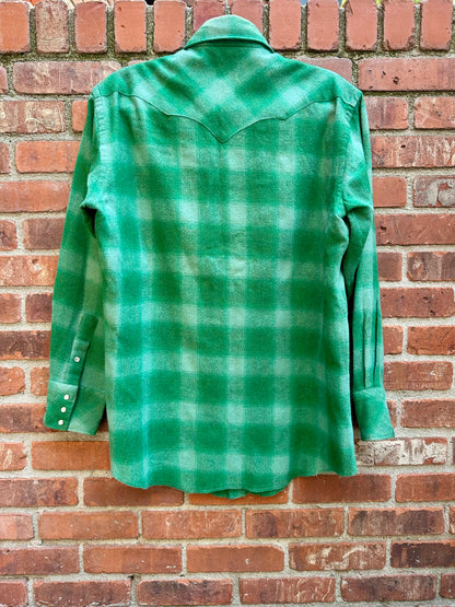 70’s KARMAN Western Washable Wool Green Shadow Plaid Pearl Snap (Unisex M/L)