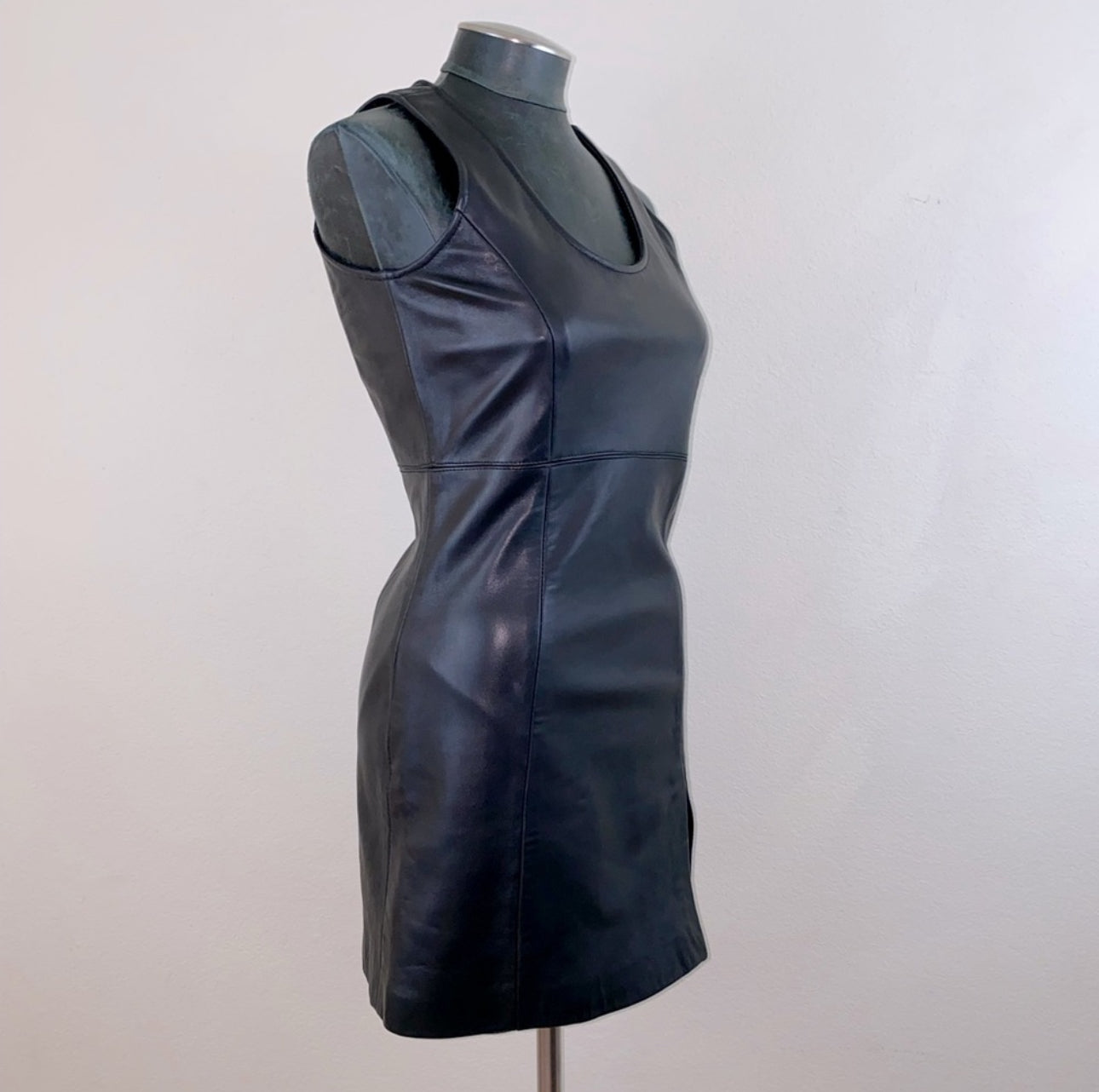 90s Black Leather Mod Micro Mini Slit Dress (XS/S)