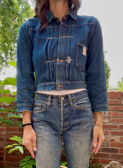 Rare 40’s Selvedge Buckle Back Pleated Type 1 Denim Jacket (Women’s XS)