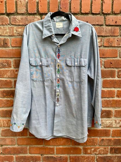 70’s Big Mac Selvedge Chambray Western Shirt w/ Hand Embroidery (Unisex XL)