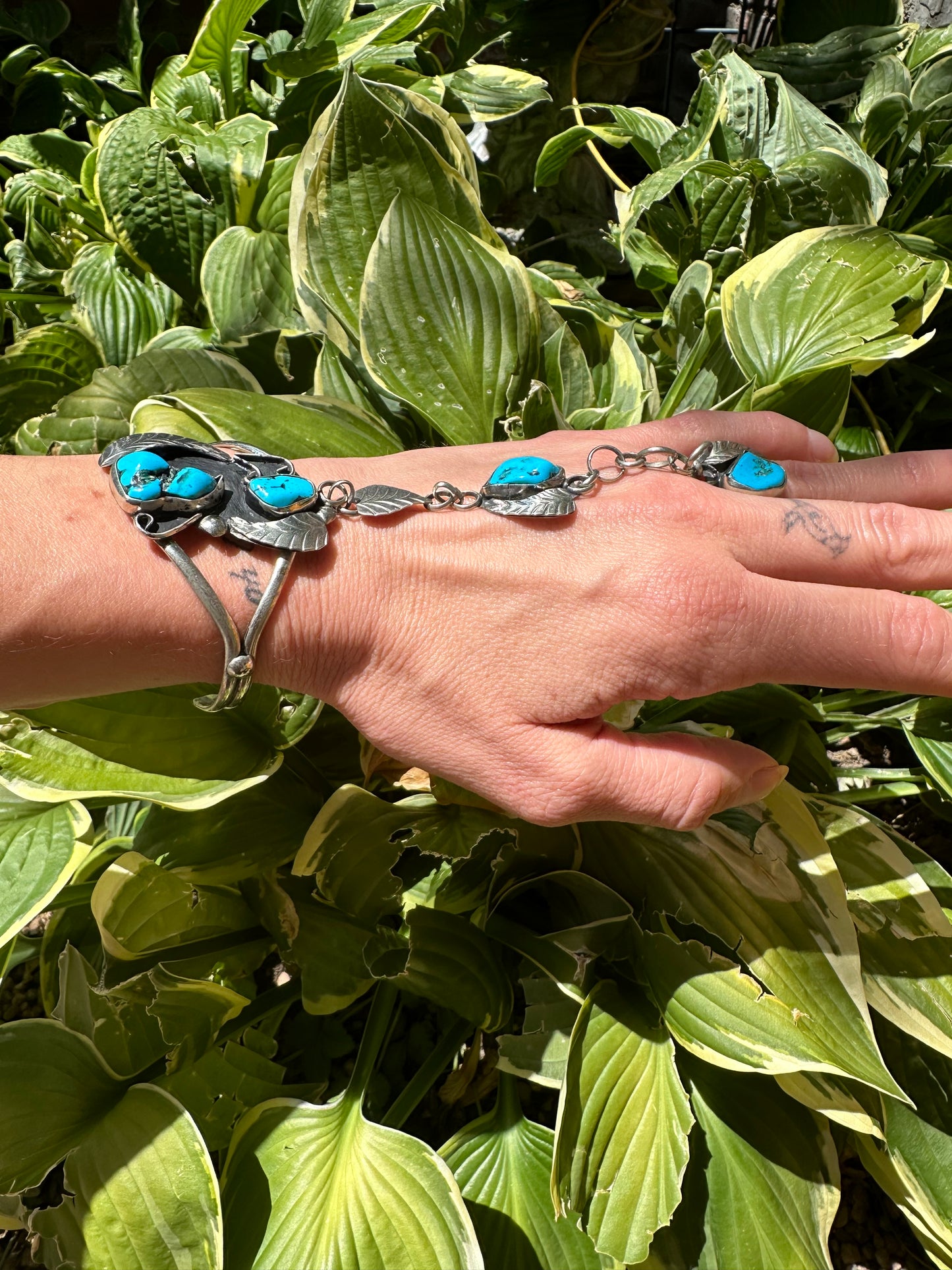 70’s Navajo Turquoise Nugget Silver Slave Bracelet