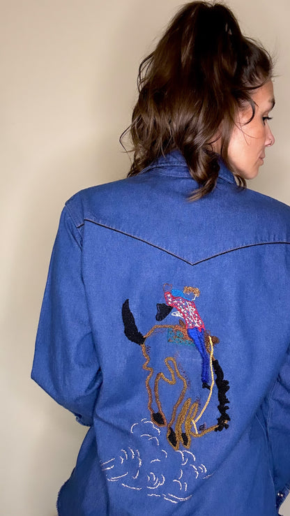 MCA VINTAGE REVIVAL: Wrangler Hand Embroidered Denim Pearl Snap Shirt