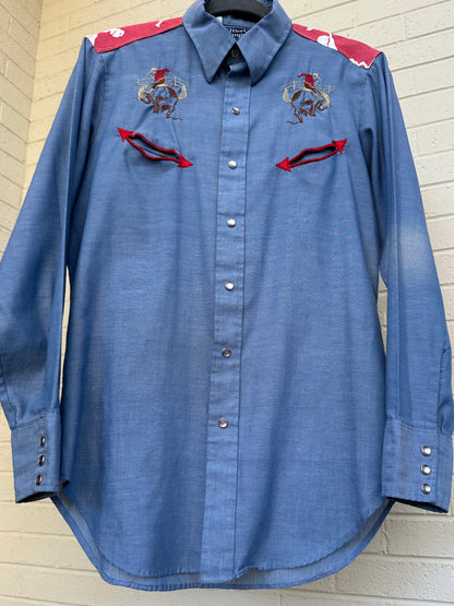 Custom Embroidered Patchwork Yoke Chambray Pearl Snap