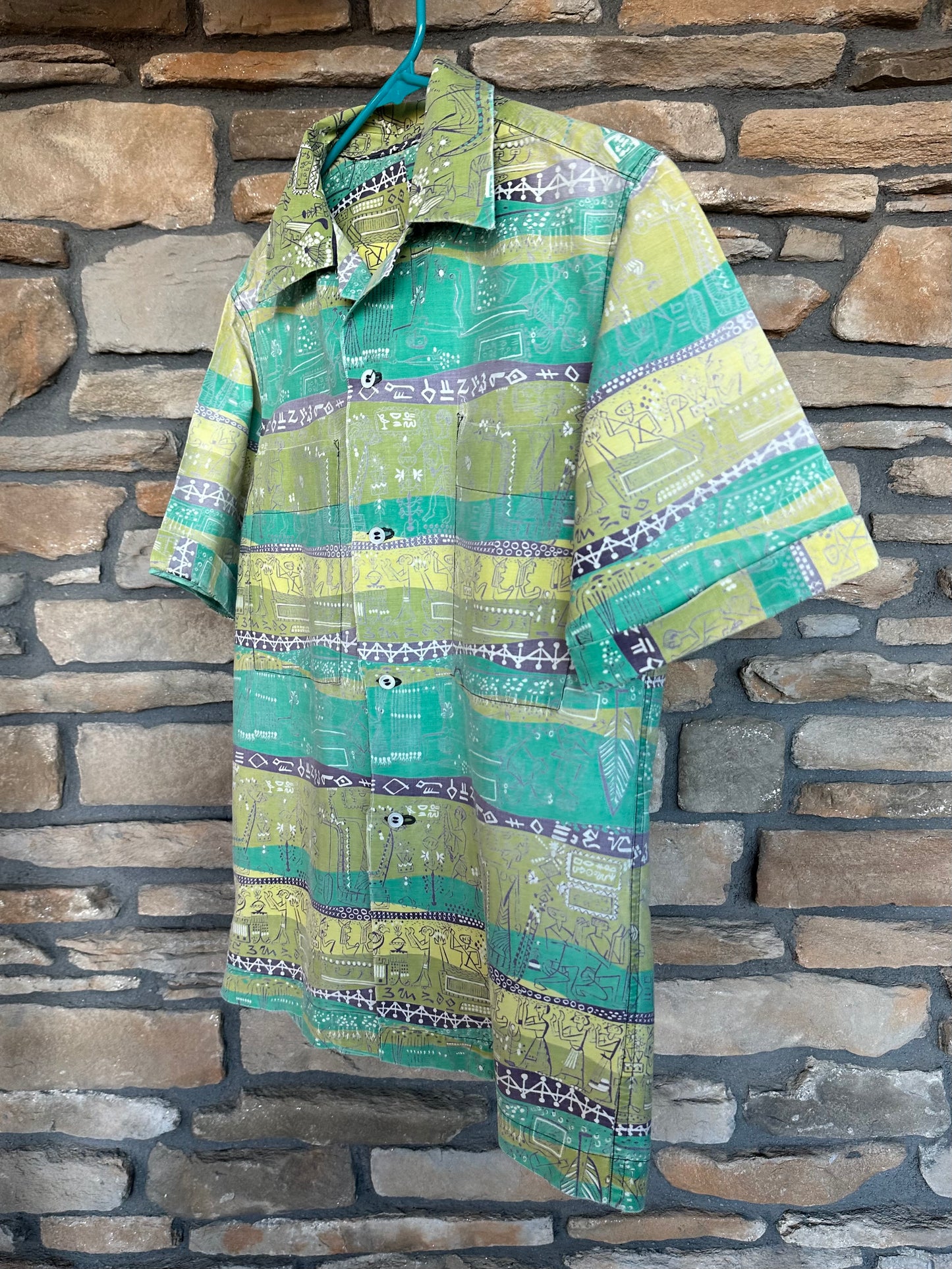 50’s Handmade Aztec Novelty Printed Cotton Casual Shirt (Unisex S/M)
