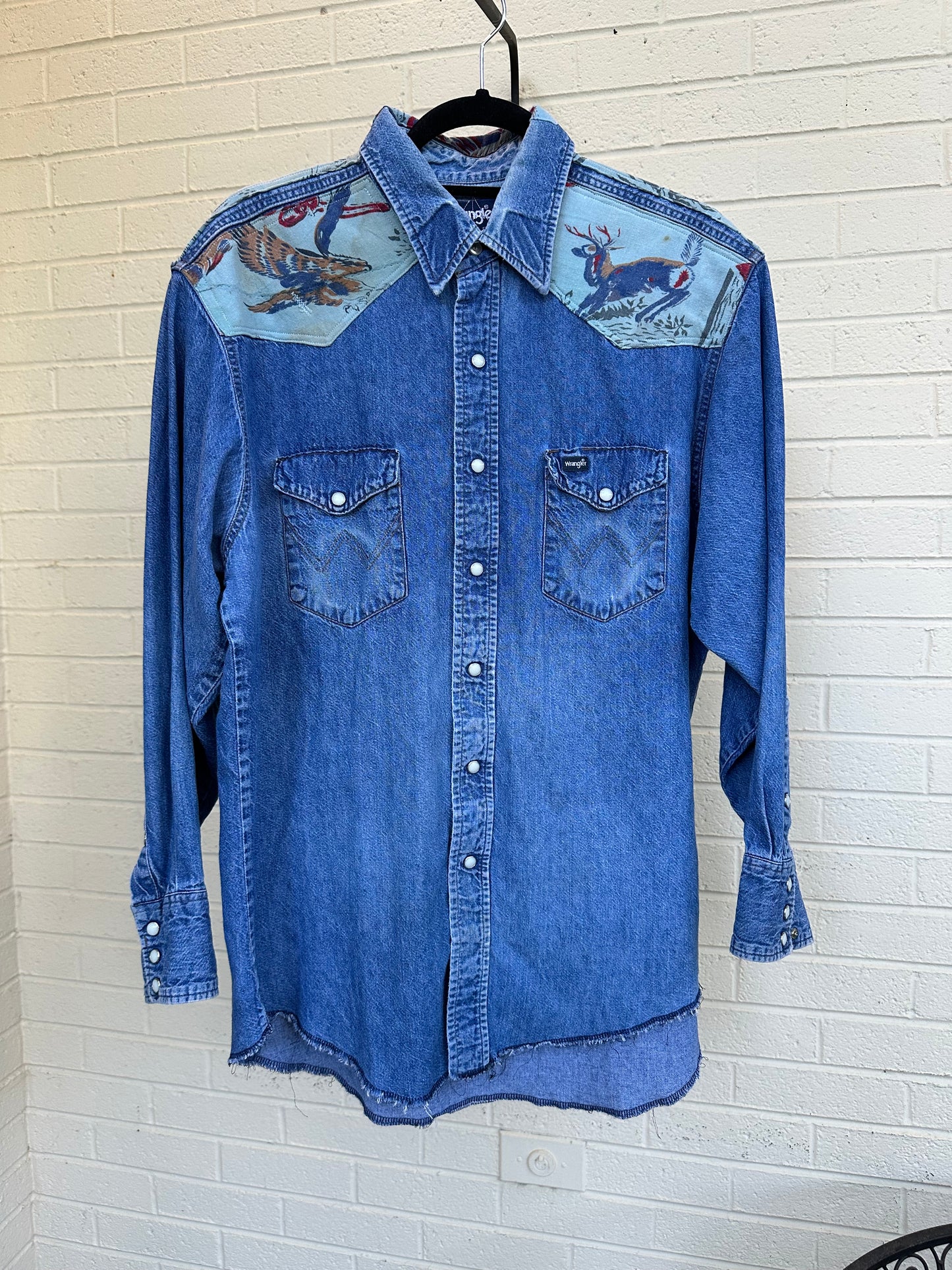 Custom 80’s Wrangler Denim Pearl Snap w/ 60’s Fabric Patchwork Yoke