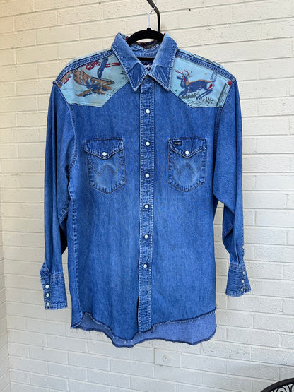 Custom 80’s Wrangler Denim Pearl Snap w/ 60’s Fabric Patchwork Yoke