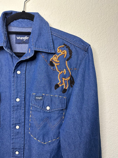 MCA Vintage Revival: Wrangler Denim Western Shirt - Horse Head Embroidered (Unisex L)