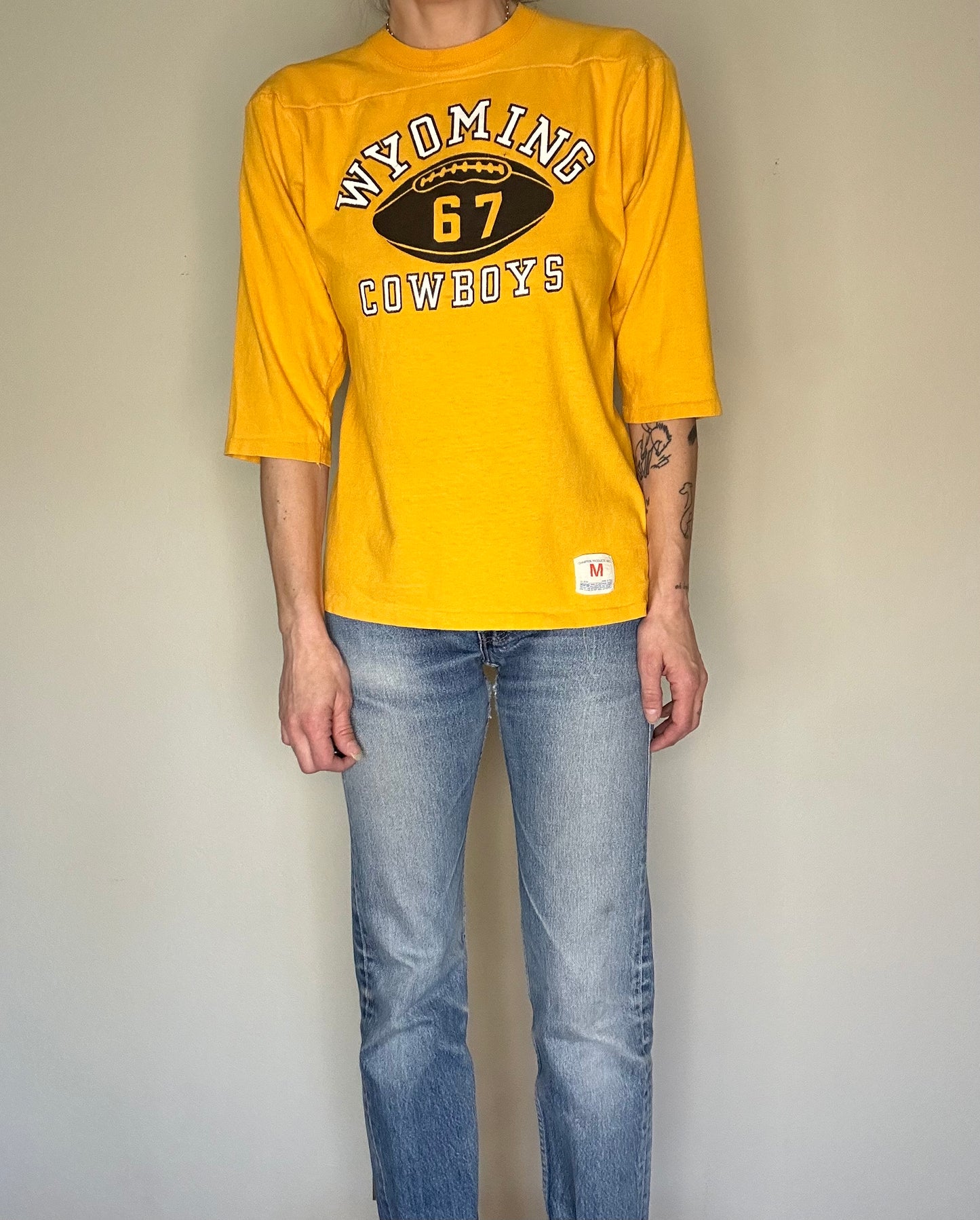 60’s Champion Knitwear Wyoming Cowboys Football Cotton Jersey Tee (Unisex M)