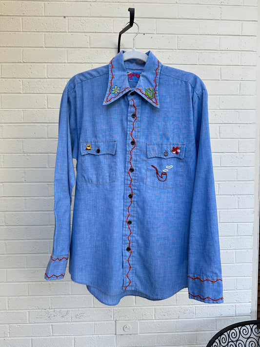 70’s Wrangler Hand Embroidered Chambray Shirt (L)