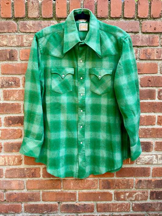 70’s KARMAN Western Washable Wool Green Shadow Plaid Pearl Snap (Unisex M/L)