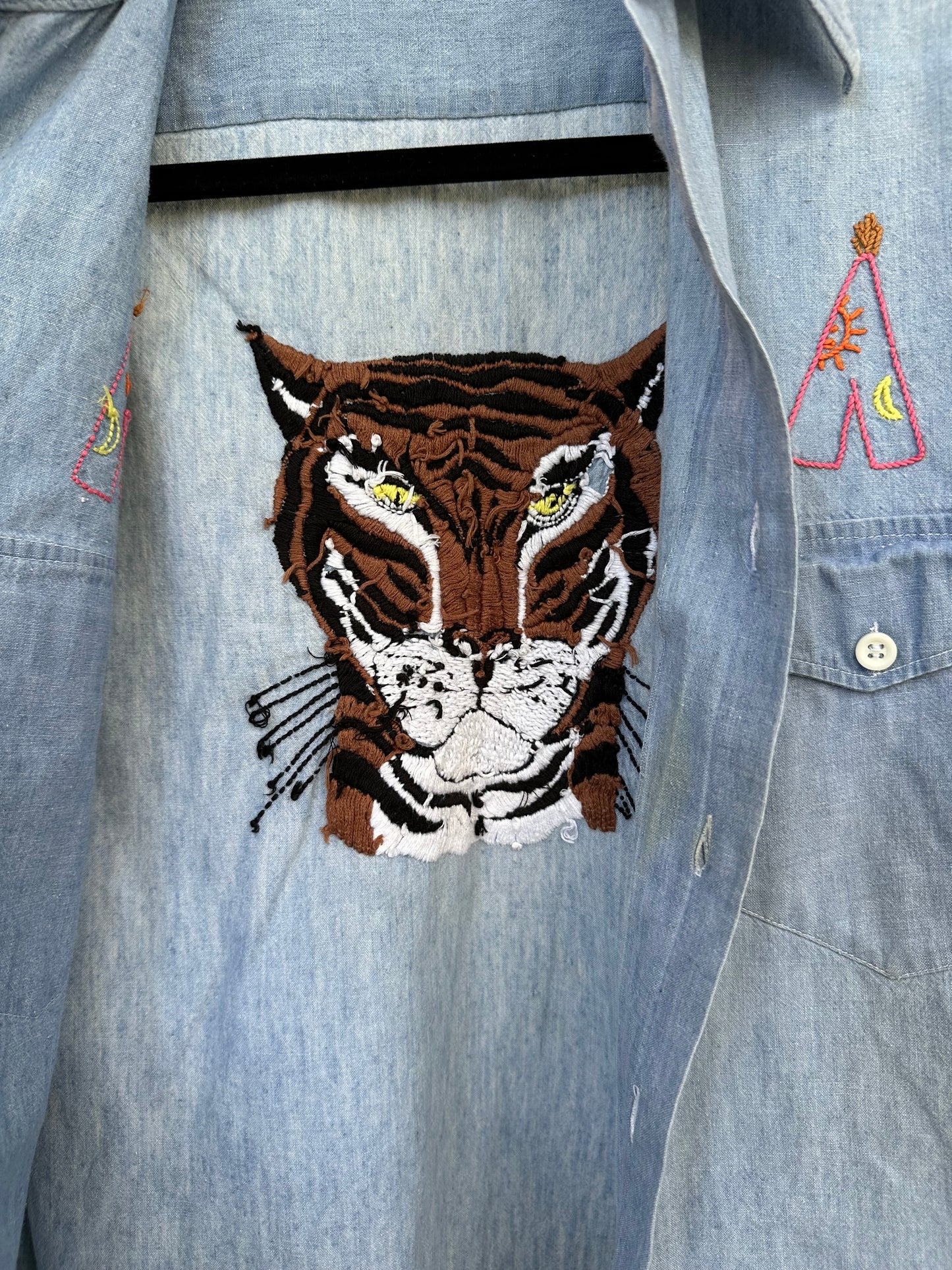 Custom Tiger Embroidered Chambray Shirt (Women’s S/M)