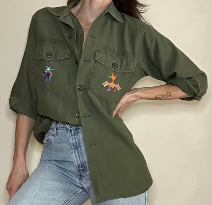 MCA VINTAGE REVIVAL: 70s OG-107 Hand-Embroidered Cotton Sateen Military Field Shirt