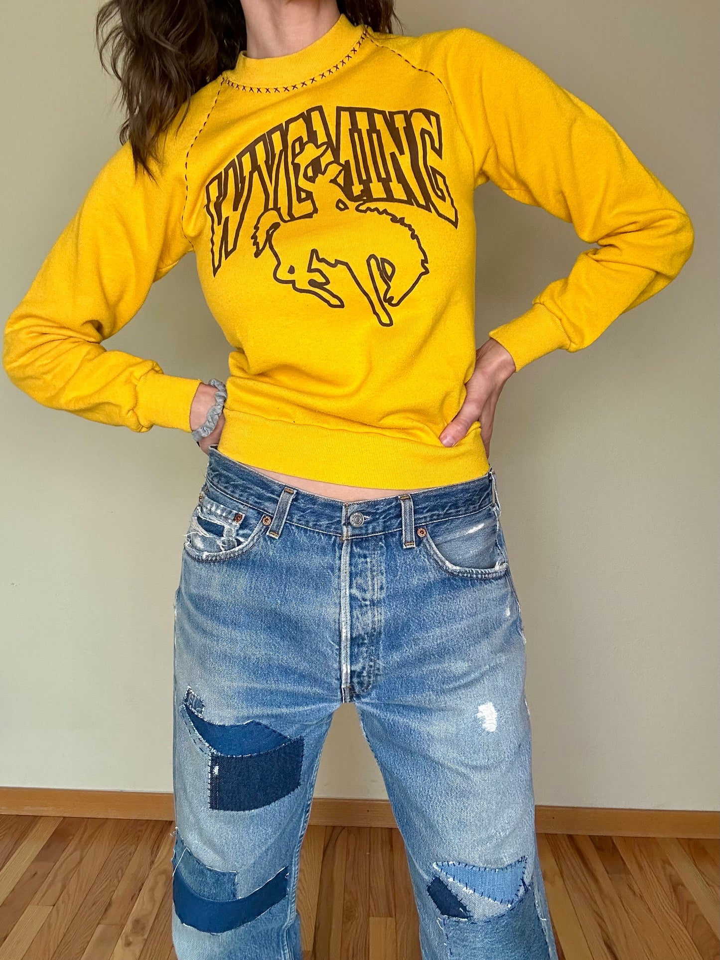 80’s Wyoming Raglan Sweatshirt w/  Hand Embroidered & Flocked Letters (Women’s XS)