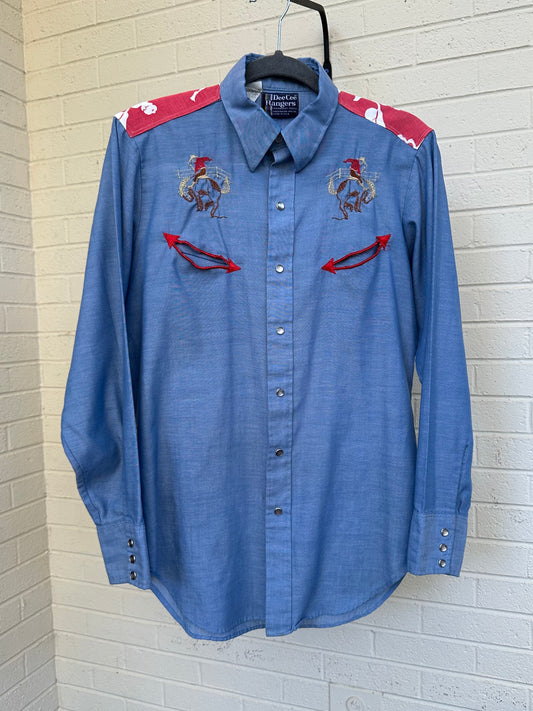 Custom Embroidered Patchwork Yoke Chambray Pearl Snap