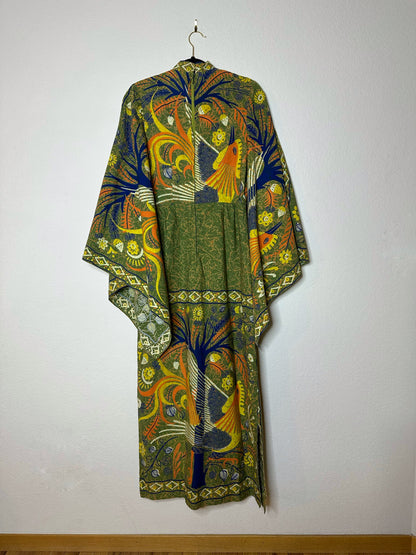 60’s Handmade Dramatic Bell Sleeve Kaftan from Hand Dyed Escalera Batik Cotton Fabric (S/M)