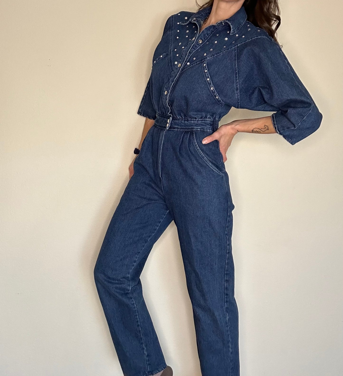 80s Western Denim Rhinestone Embellished Jumpsuit / Coveralls  (Unisex S/M)