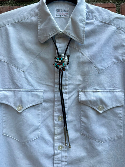 Old Pawn Signed Zuni Inlay Eagle Dancer Braided Leather Bolo Tie