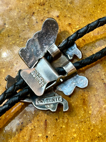 Old Pawn Signed Zuni Inlay Eagle Dancer Braided Leather Bolo Tie