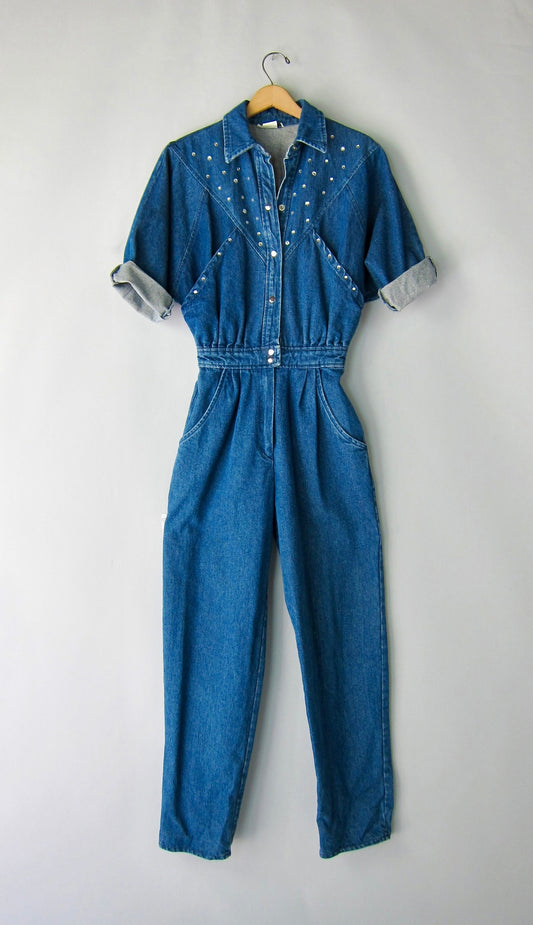 80s Western Denim Rhinestone Embellished Jumpsuit / Coveralls  (Unisex S/M)