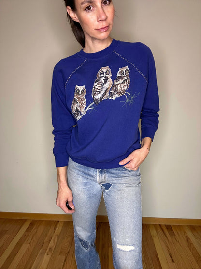 80’s Hand Painted Embroidered Owl Raglan Sweatshirt (Unisex S)