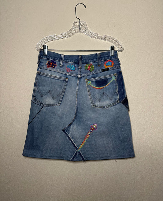 MCA REVIVAL: 70’s Wrangler No Fault Denim Handmade into Embroidered A-Line Skirt (8/10)