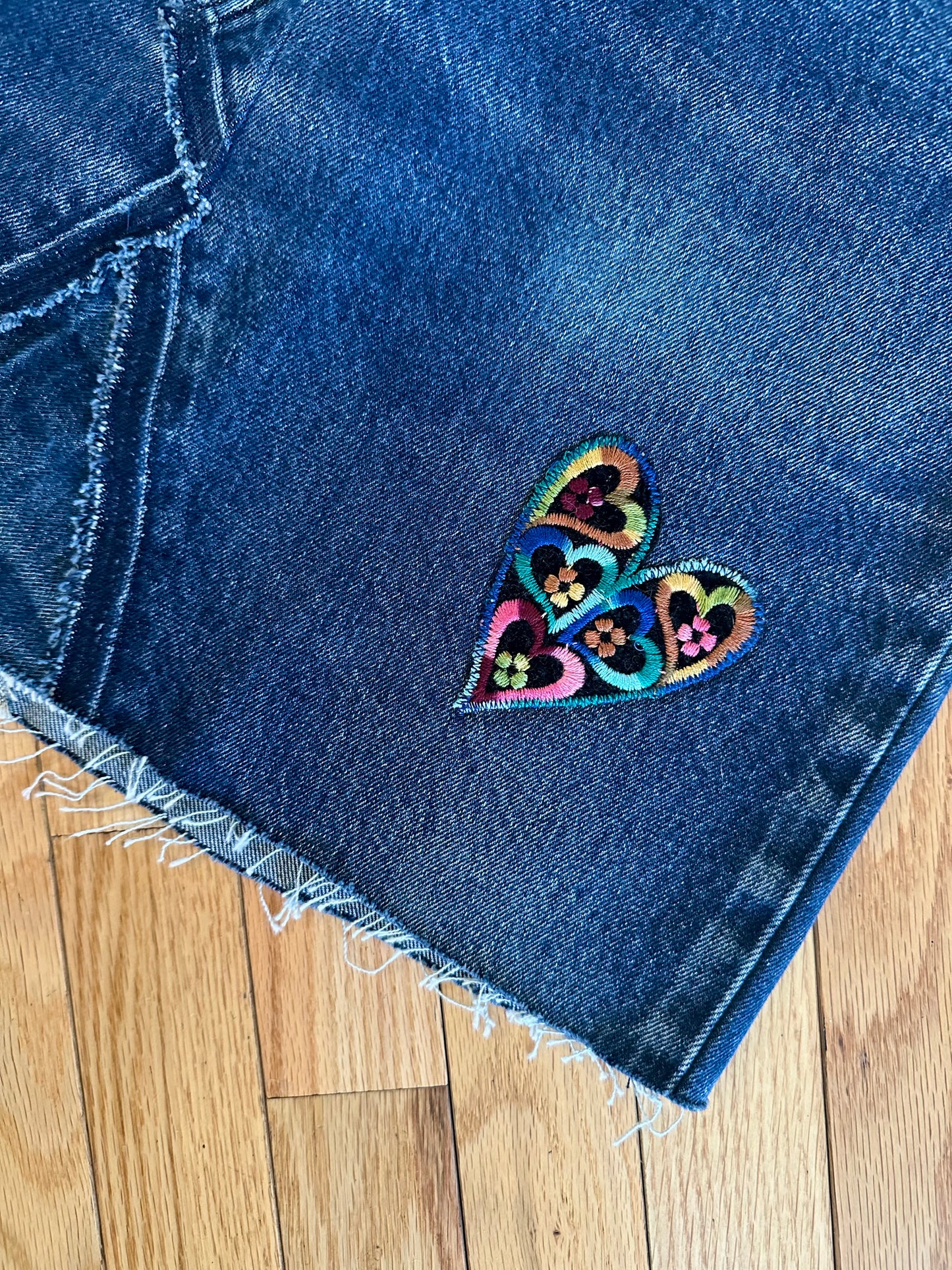 MCA 1/1: 90’s Deconstructed Levi’s 505 Embroidered Hearts Denim Skirt (Modern 29)