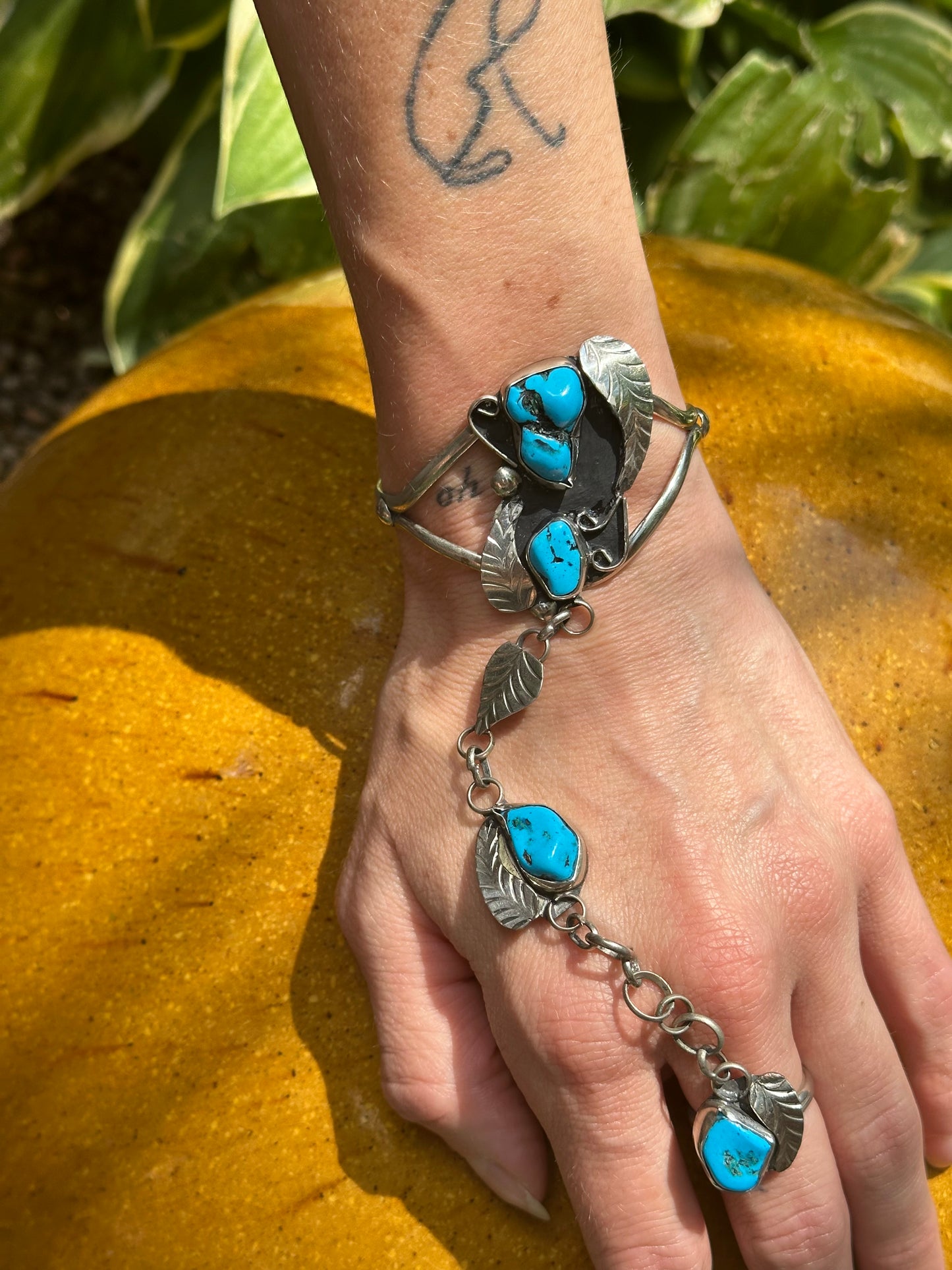 70’s Navajo Turquoise Nugget Silver Slave Bracelet