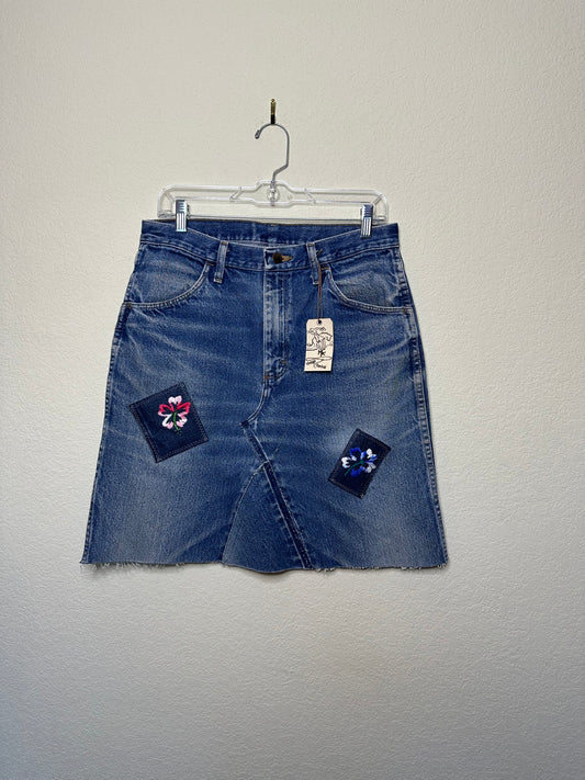 MCA VINTAGE REVIVAL: 90’s Deconstructed Rustler Embroidered Patchwork Denim Skirt (8/10)